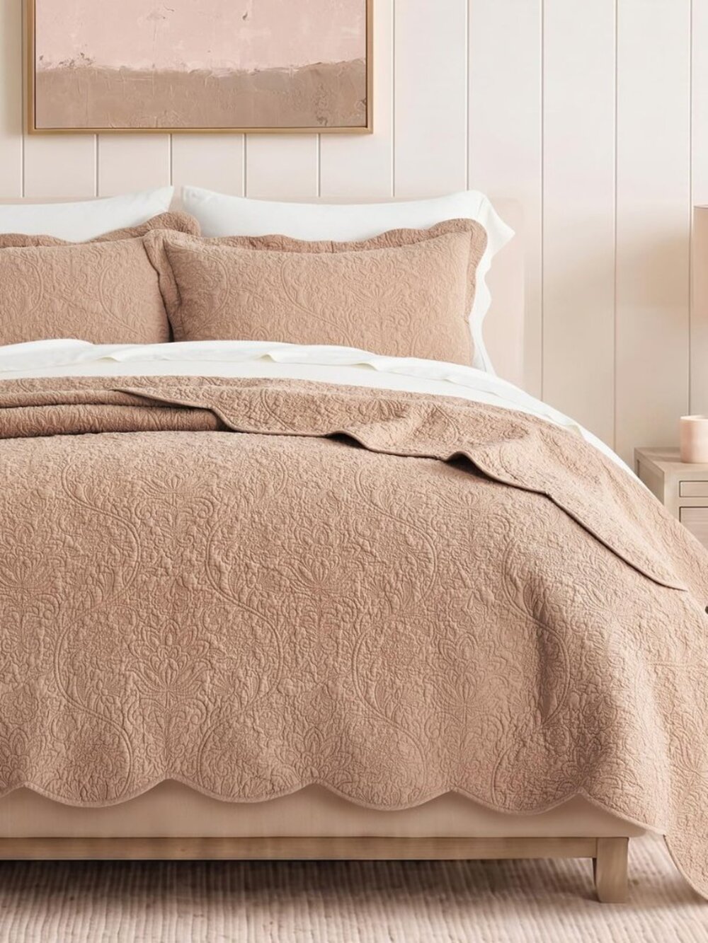 EVERGRACEHOME 100% Cotton Scalloped Quilt Set, King, Rose Dust